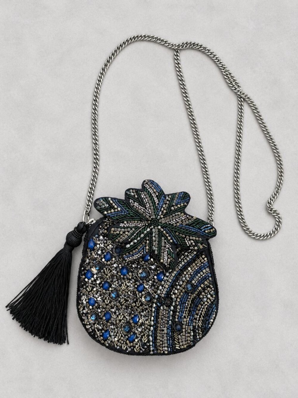 Zara Black Blue Green Beaded Mini Chain Crossbody Bag Tassel OS